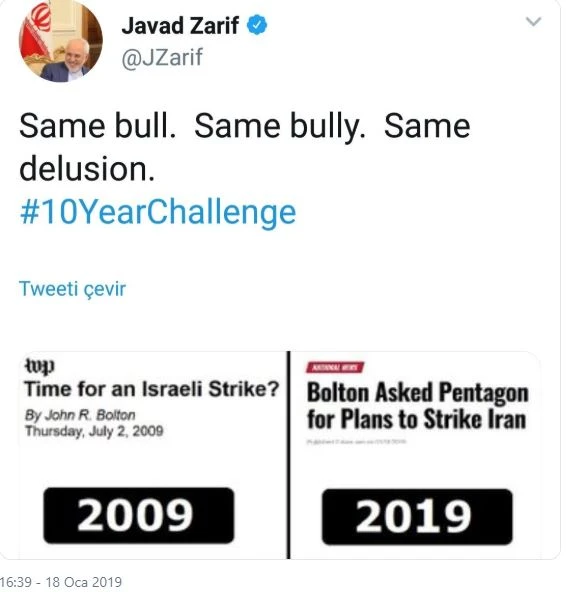 İran Dışişleri Bakanı, Bolton'u 10 Year Challenge akımıyla alaya aldı